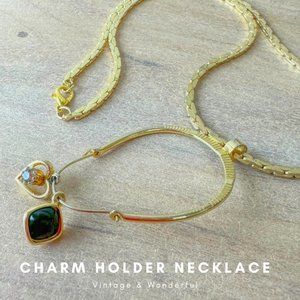 VG Vintage 70s Goldtone Charm Holder Pendant Chain & Two Little Goldtone Charms